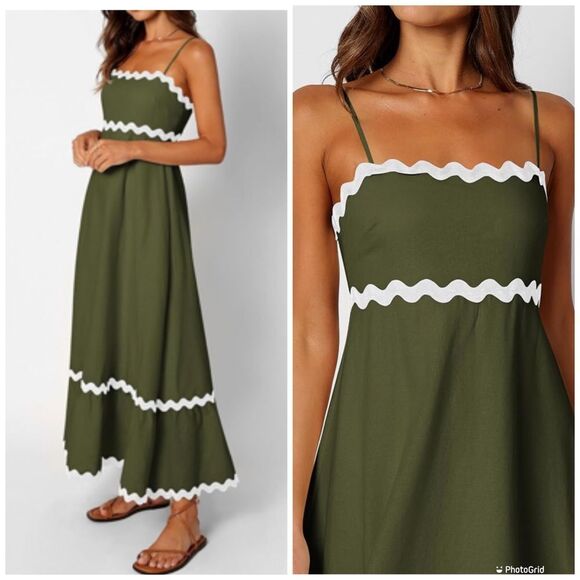 Olive Green Maxi Dress with White Trim - Picture 2 of 14